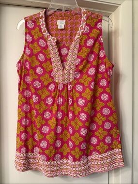 Sigrid Olsen 100% Cotton Pink & Mustard Floral Sleeveless Tunic, Embroidered EUC